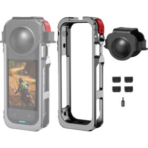 Metal Protective Cage for Insta360 X5 Action Camera | Aluminum Case with Silicone Lens Cap, Cold Shoe Mount, 3× 1/4” Threads & GoPro 2-Claw Adapter | Insta360 X5 Camera Accessories (Cage + Cap)