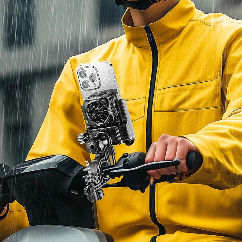 Bike Mobile Holder with Cooling System, 360° Rotating Phone Mount for Motorcycle E-Bike Bicycle, Handlebar Clip for All Smartphones